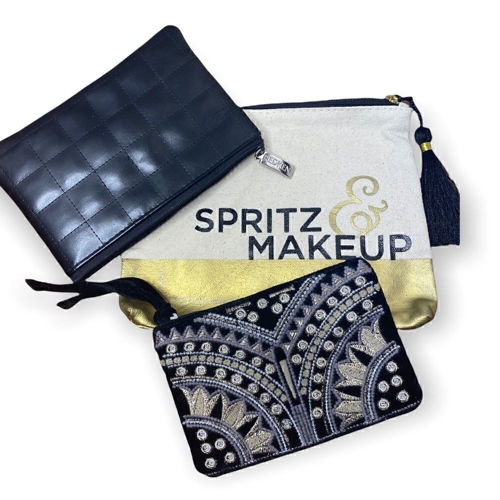 Set of 3 makeupย bags world market, redkenโ&โpooโpourriโblackโgoldโandโcream